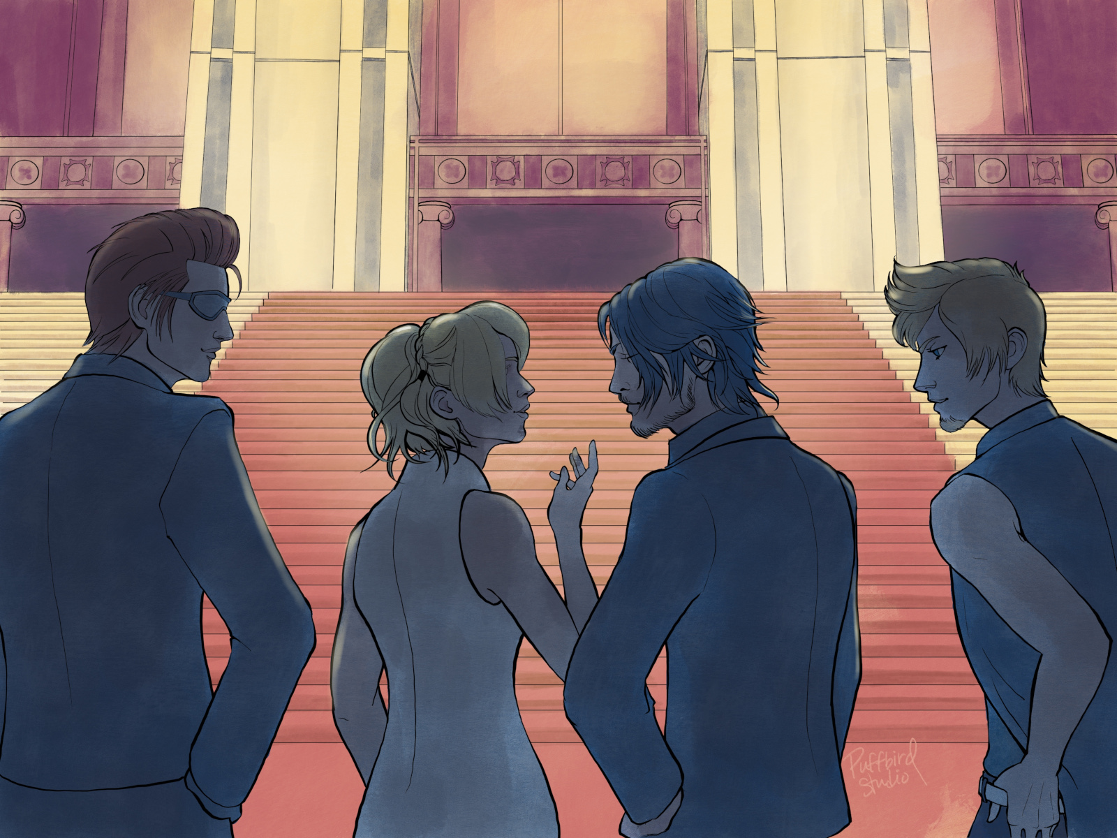 On the steps of the Citadel, Noctis and Luna talk together, with Ignis and Prompto observing.