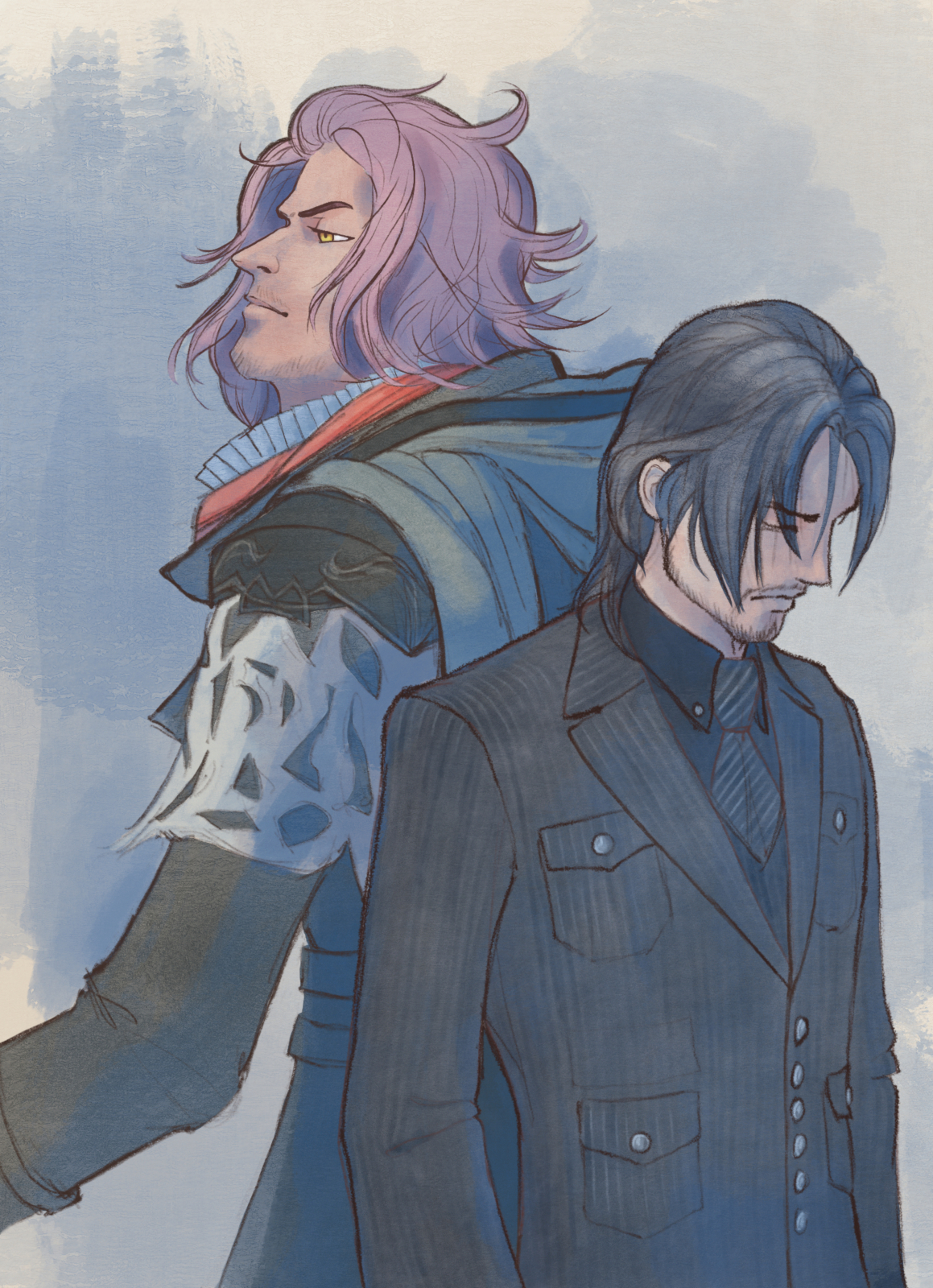 Ardyn Izunia and Noctis Lucis Caelum standing back to back.