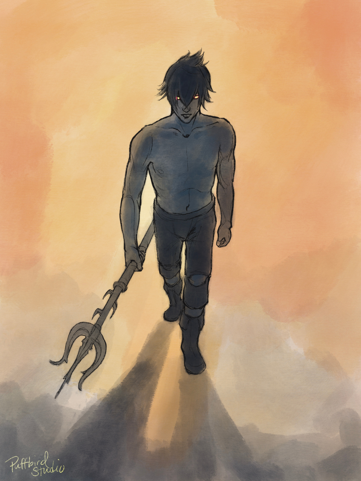 Noctis holding the Oracle's trident, in blue shadow and backlit with orange light.