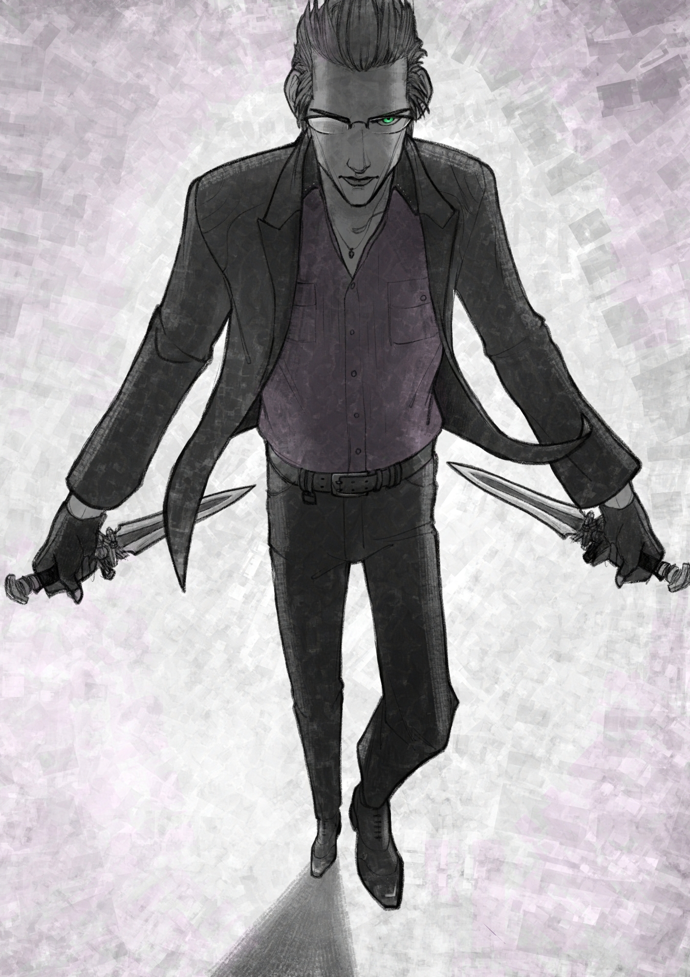 Ignis Scientia, backlit and foreshortened, and holding his daggers in a battle-ready stance. He's looking directly at the viewer, and stepping forward like he's about to attack.